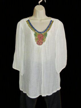 IRE White Gauze Top 3/4 Sleeve V-Neck Beading Sheer Size 2X